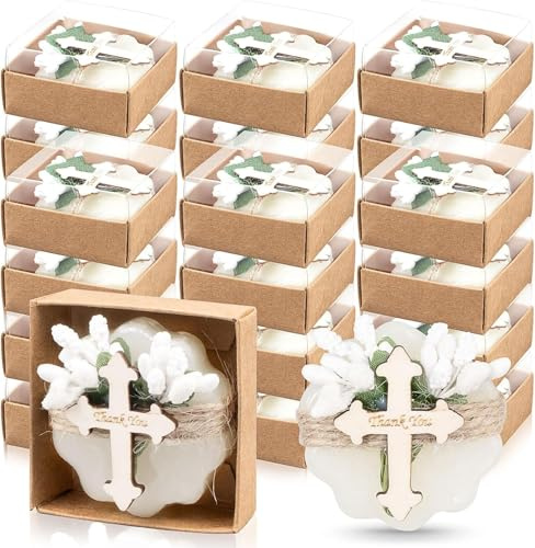 Lot de 24 Savons Parfumés Invités avec Fleurs Séchées – Cadeaux Baptême Fille Garçon avec Étiquettes Bois Merci – Souvenirs Communion, Naissance, Mariage, Anniversaire, Cadeaux Invités