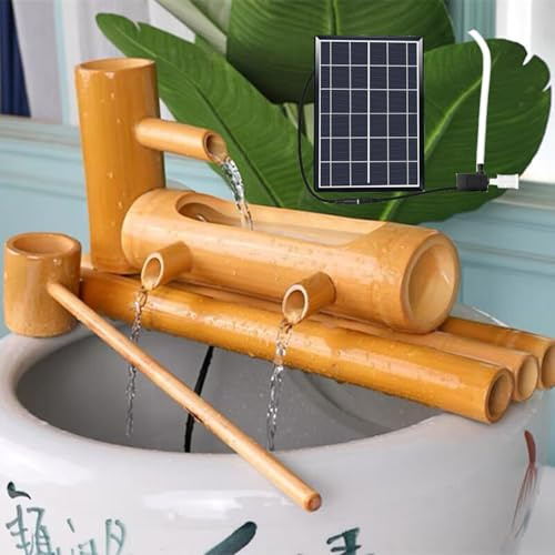 BLUEZY Fuente De Agua Solar De Bambú Natural, Característica De Cascada De Jardín Decorativa Al Aire Última Intervensión con Panel Solar, Boquilla Japonesa, Hecha A Mano 50cm