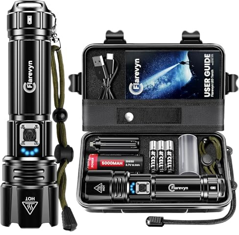 Flarevyn Linternas LED Alta Potencia Linterna - 1000000 LúMenes Recargable,BateríA de 5000 Mah, IP67 Impermeable 5 Modos PortáTil Linternas Potente,para Camping/Senderismo/al Aire Libre/Emergencias