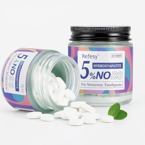 Refesy Toothpaste Tablets – Fluoride Free & Eco-Friendly, Nano Hydroxyapatite, Peppermint Flavor, Strengthen Teeth & Reduce Sensitivity, Travel-Friendly, 62 Tablets (Glass Jar Packing)
