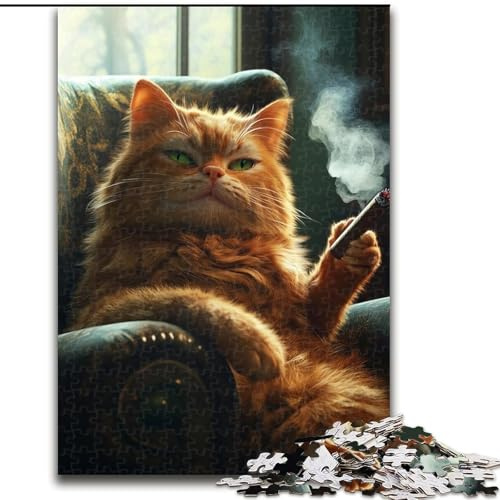 Puzzle für Erwachsene, 1000 Teile, rauchende Katze, Holzpuzzle, perfekt für Teenager und Familien, 26x38cm