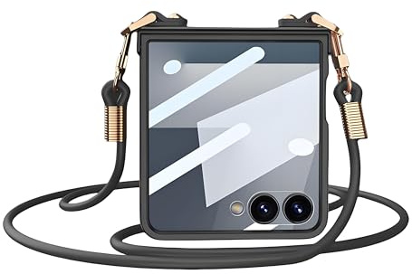 Draamvol for Samsung Galaxy Z Flip 7 Phone Case, Hard PC Cover Shockproof Tempered Glass Front Screen Protector Cross-body Lanyard Necklace Strap, Bumper Ultra-Thin for Galaxy Z Flip 7 Cover, Black