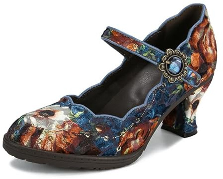 SOCOFY Kvinnor Läder Mary Jane-skor Färgglada Läder Oxfordskor Vintage Läderpumpar Dam Färgglada lappord blockklack Pumpar Mid Kattunge Hälpumps Skor Ankelrem Bröllopsklänning Kväll Festskor, BLÅ, 38