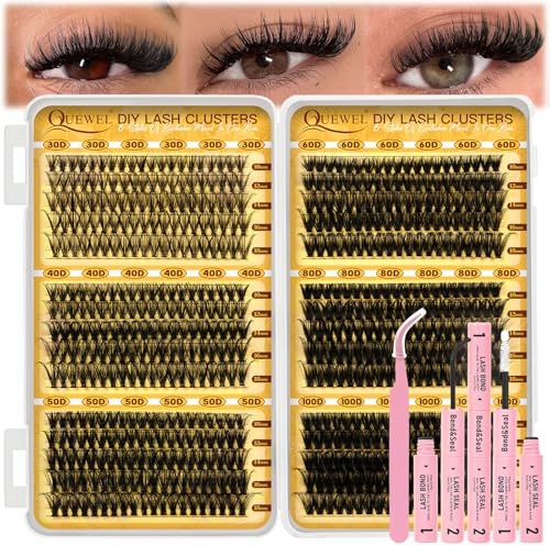 QUEWEL Individual-Eyelashes Kit 580PCS Cluster-Lashes Kit with Lash Glue | with Lash Tweezer, D Curve Eyelash Extensions for DIY at Home Mixed 10-18mm Easy for Women for Makeup (Lash book Kit)