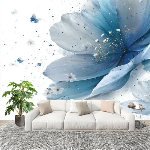 Murale Carta da Parati 200x140 cm Fiori Blu Acquerellati Stampa Artistica Premium in Tessuto non Tessuto Poster Fotomurale Bianco per Famiglia Murales Adesivi da Parete Decorare