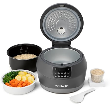 nutribullet EveryGrain Cooker - Olla Arrocera Multifunción, para Arroz y Cereales, Hasta 10 Tazas, 5 Programas Automáticos, Función Mantener Caliente 12h, con Cuchara y Cesta, 600 W, Gris (NBRC605DG)
