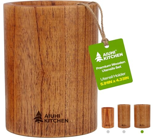 AIUHI Wood Utensil Holder for Kitchen Counter, Wooden Utensil Crock, Kitchen Utensil Organizer, 5.9x 4.3 Large Spatula and Spoon Holders