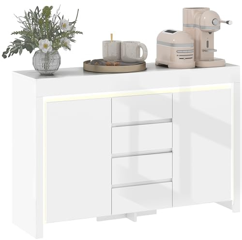 HOMCOM Buffet Salon Salle à Manger LED 120 x 34 x 80 cm Blanc Brillant