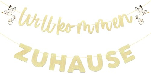 jijAcraft Willkommen Zuhause Girlande Baby Glitzer: Fertig Aufgefädelt Beige-Gold Willkommen Girlande mit Storch zum Geburt, Welcome Home Banner für Baby Shower, Babybesuche