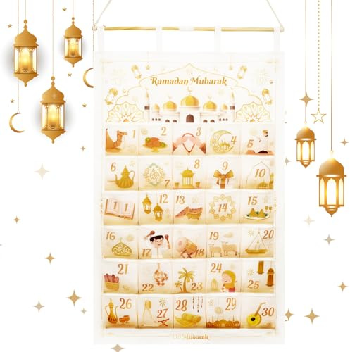 AhfuLife Ramadan Adventskalender zum Befüllen aus Stoff, 2026 Ramadan Wandkalender Wiederverwendbar mit 30 Stofftaschen für Organisation von Eid Süßigkeiten, Keksen, Kleinen Geschenken (Weiß)