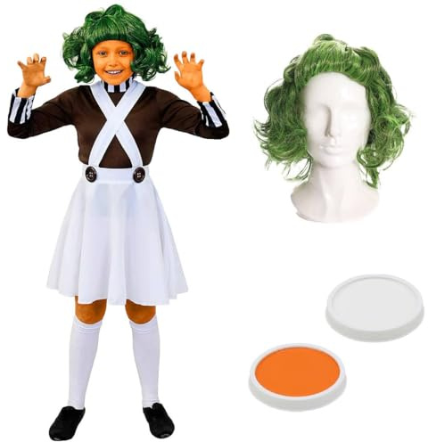 Girls Factory Worker Costume Set - Large - White Dungaree Skirt, Brown Top with Green Wig and Orange & White Face Paint - Kids Storybook Character Fancy Dress for World Book Day & Halloween