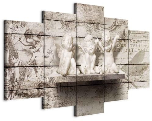 B&D XXL - Wandbilder XXL Engel Vintage 100x50cm 5 tlg - Wand Deko Leinwand Bilder Groß Wanddeko Wohnzimmer Schlafzimmer Kunstdrucke - Retro Holzoptik h-B-0048-b-m