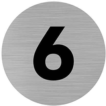 Pictogramme Chiffre 6 (Q0309). Numéro de Porte 6. Autocollant Souple Effet alu brossé ou Plaque de Porte alu brossé EP 2mm au Choix - Diamètre 83 mm - Adhésif Aspect Aluminium brossé - Adhésif Aspect