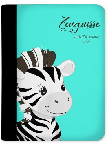 CreaDesign Zeugnismappe A4 mit Namen personalisiert für Kinder – Zebra Türkis – Dokumentenmappe Schule ohne Klarsichthüllen