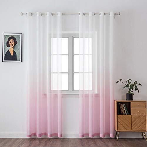 MIULEE Farbverlauf Voile Vorhänge Ösen 2er Weiß-Rosa 140x145cm | Farbverlauf transparente Voile Vorhänge mit Ösen, lichtdurchlässig, modern dekorativ für Wohn- und Schlafzimmer