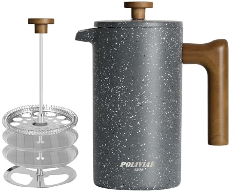 Poliviar French Press 1 Liter/8 Tassen | Kaffeebereiter, Doppelwandige isolierte Kaffeekanne, Teebereiter, Plunger & Griff aus Massivholz, JX2019-FPG10-DE