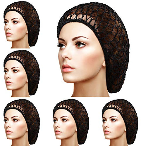 Geyoga 6 Pieces Hair Net Snoods for Women Sleeping Mesh Soft Rayon Knit Crochet Hairnet Long Short Curls Hair Cover Accessory (Black)