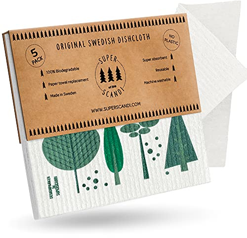 SUPERSCANDI 5 Pack Reusable Cleaning Cloths - 100% Biodegradable & Compostable | Washable Swedish Dishcloth - Food-Safe & Plastic-Free | Kitchen Cloth Suitable for Any Surface, Happy Camper
