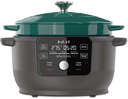 Cocotte ronde électrique instantanée, 5 en 1 : braise, mijoteuse lente, poêle, chauffe-aliments, fonte émaillée, livre de recettes inclus, vert