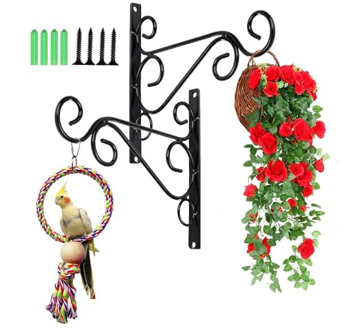 2Pcs Iron Plant Hanger Wall Hooks - Hanging Basket Brackets, Wall Hanging Brackets Hooks for Hanging Bird Feeders, Lanterns, Wind Chimes, Planters - Wrought Iron Bracket (Black)