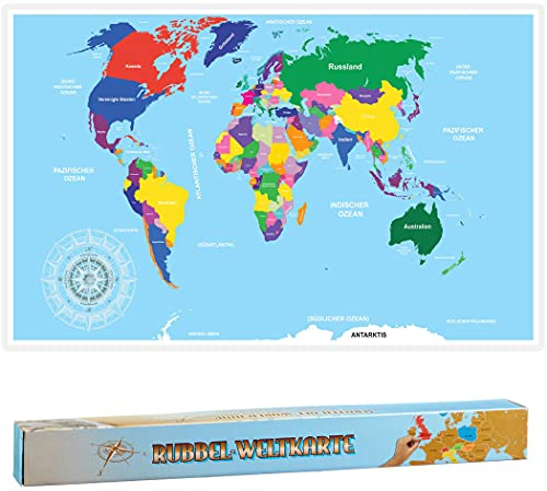 Rubbel Weltkarte 52x88 cm Deutsch in Colorbox Rubbelkarte Landkarte Poster XXL Länderkarte Rubbelweltkarte
