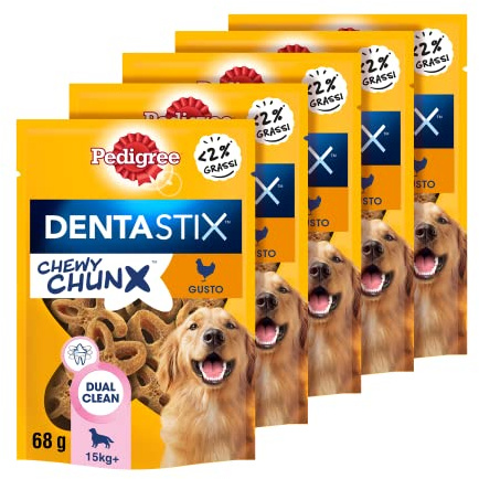 Pedigree Dentastix Chewy Chunx, Snack Dentale al Pollo per Cani Taglia Media e Grande, 5 Sacchetti da 68g