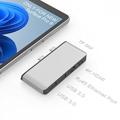 Surface Pro 8 Hub de Aluminio con 4K HDMI+ Ethernet LAN+ 2 USB 3.0+ Ranura para Tarjeta Micro SD, 5 en 2 Accesorios Surface Pro 8 Compacto Adaptador Combinado para Microsoft Surface Pro 8, Plateado