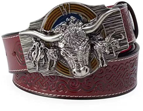 WRJAHCG Gürtel Western für Cowboy, Vintage Long Horn Bull Rodeo Western Cowboy Gürtel,Silver red,130CM/51.2''