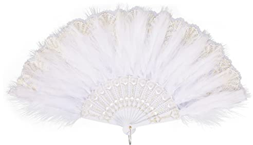 MWOOT Marabou Federfächer, 1920er Jahre Vintage Faltbar Handheld Handfächer, 20er Jahre Gestickte Blume Folding Feather Fan für Hochzeit Halloween Tanzen Show Tee Party Kostüm Dekoration - Weiß