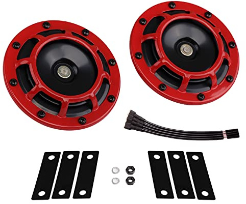 Clacson per auto da 12 volt alto/basso tono doppio corno con griglia di protezione rossa in metallo Twin Horns Kit per auto moto, rosso set alto/profondo