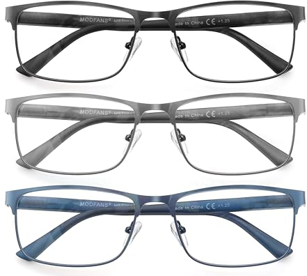 MODFANS 3 Pack Reading Glasses Men Blue Light Blocking Metal Frame Rectangle Style Stainless Steel Material Readers Glasses Black Grey Blue