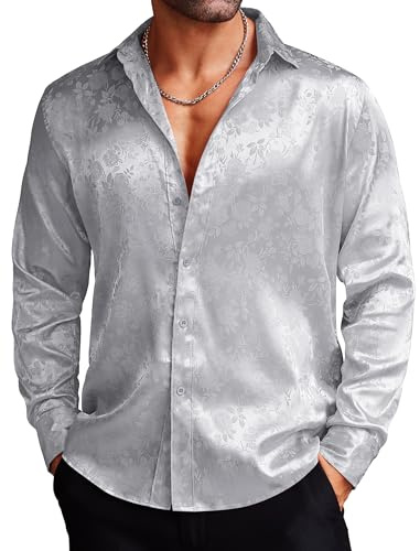 COOFANDY Mens Shirts Long Sleeve Silk Tuxedo Shirts Button Down Shirts for Prom Wedding Party Grey XL