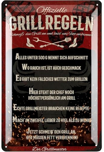 LANOLU Retro Blechschilder Grillen - GRILLREGELN SCHILD - BBQ Grill Retro Deko - Grillplatz Schild Garten - Geschenk für Papas Grillecke Schild - Schilder mit Sprüchen und Stanzung in 20x30 cm