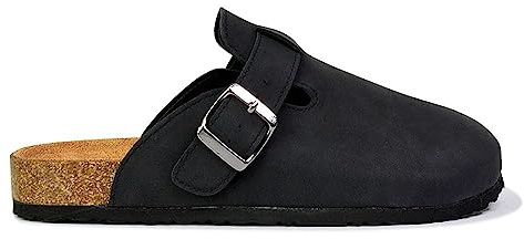 ESSEX GLAM Womens Clogs Slider Ladies Casual Slip On Mule Flat Footbed Soft Cork Round Close Toe Black Shoes Size 6