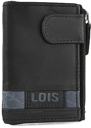 Lois - Cartera de Piel para Hombre - Cartera Hombre Piel con Monedero Exterior y Tarjetero, diseño Slim, Cuero auténtico, Regalo Elegante. Proteccion RFID, Negro-Azul
