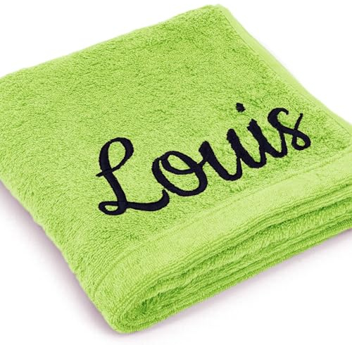 Cawö Premium Handtuch mit Namen oder Wunschtext Bestickt, personalisiertes Badetuch, individuelles Badetuch, 100% Baumwolle, 100 x 160 cm Grün