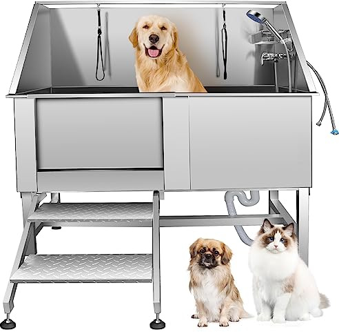 WSSEY Dog Bathtub XL Professional 62inch Dog Washing Station Stainless Steel Pet Grooming Tub for Extra Large Dogs Wash Tub, Medium, Small Dogs Cats with Left Sliding Doors, Steps, Right Faucets