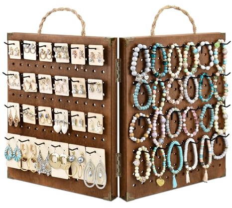 MOOCA Organizador de joyas de madera plegable y portátil de 2 paneles con 48 ganchos extraíbles y práctico mango de cuerda para exhibición de manualidades, color marrón