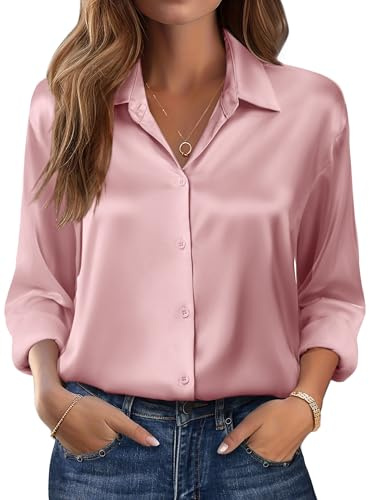 Zeagoo Women's Satin Blouse V-Neck Causal Satin Blouses Casual Silk Blouse Top Tops Long Sleeve Shirts Tunic Shirt, pink, S