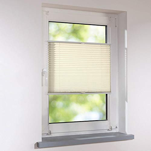 Plissee Klemmfix Breite 105 x 220 cm Höhe verspannt - Farbe Creme - Standardplissee Rollo Jalousie Raffrollo Faltrollo Faltstore Fertigplissee ohne Bohren für Fenster und Türen