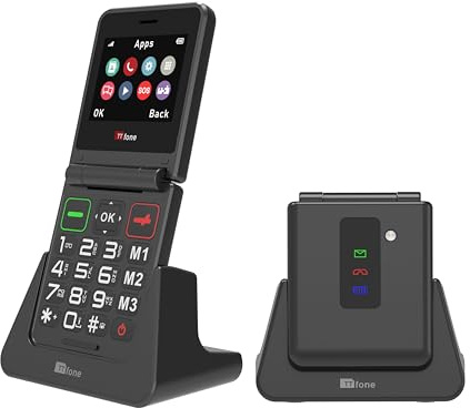 TTfone TT660 Flip Cellulare per anziani - Design pieghevole, pulsanti grandi, assistenza di emergenza, lunga durata della batteria - Pay As You Go (Vodafone PAYG, nero, con caricatore dock)