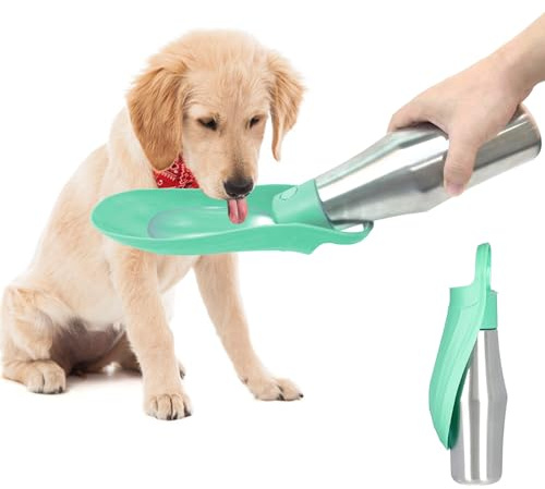 ZoneYan Bouteille d'Eau pour Chien 750 ML / 27oz - Distributeur d'Eau Portable de Voyage en Acier Inoxydable, Gourde Anti-Fuite (Vert Clair)
