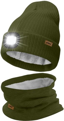 ATNKE LED Gorro con Luz y Bufanda Traje, USB Recargable 4 LED Luz Gorra para Correr Brillante Invierno Cálido Vellón Forro Cuello Polainas y Punto Gorro Regalos para Hombre y Mujer