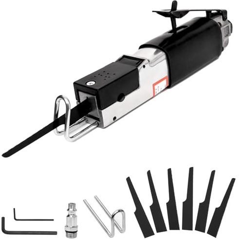 Air Reciprocating Saw with 6pcs 18T/24T/32T Blades, 1/4 NPT Lightweight Pneumatic Body Saw for Metal Sheet Cutting & Auto Body Work, Safety Lock Out Lever