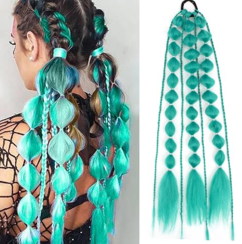 PORSMEER Farbige Braids Extensions Pferdeschwanz Verlängerung mit Haargummi,Bunte Haarverlängerungen zum Flechten 55cm,Bubble Braid, Kunsthaar Zopf Haarteil für Damen (Zyan)