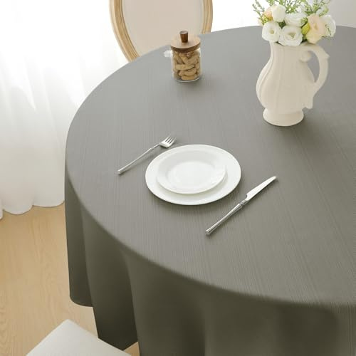 Softalker Tischdecke rund 140 Grau Abwaschbar Wasserabweisend Abwischbar Leinen Struktur Fleckschutz Tischtuch Table Cloth Deko für Draußen Party Geburtstag Silvester Weihnachten Garten Outdoor Herbst