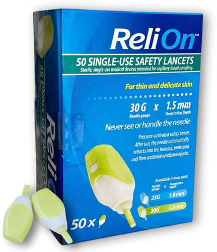 ReliOn Lancing Device - Single Use 2 In 1 30G Needle, For Thin and Delicate Skin, 50 Count (Pack of 1), Boxed by Fusion Shop Store., Small