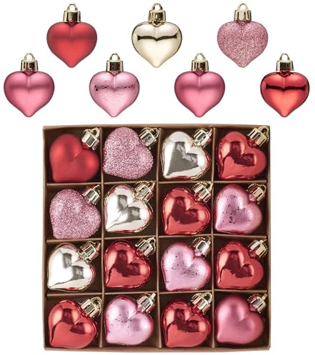 Valery Madelyn 16pcs Weihnachtskugeln 4cm mini Rot Rosa Gold Kunststoff Christbaumkugeln mit Aufhänger,Bruchsicher, Herz Baumschmuck Anhänger für Weihnachtsdeko,Valentinstag deko