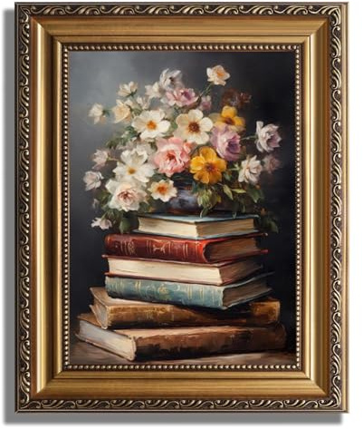 JOFANG Gold Framed Vintage Wall Art,Classical Book and Flower Wall Art For Living Room,Vintage Pictures For Bedroom Walls,Kitchen Wall Art,Canvas Prints Farmhouse Home Decor-12x16in