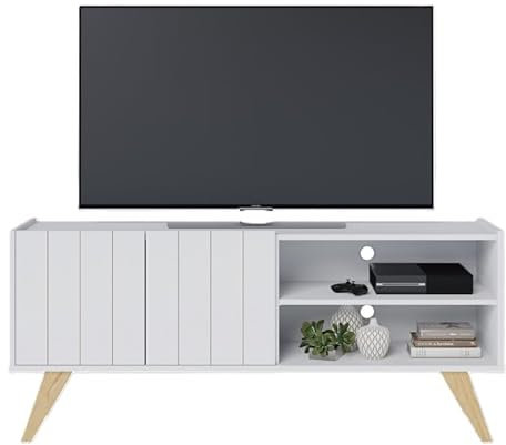 Meuble TV Bar 55 Pouces Blanc Grisé Pieds Bois 2 Portes 3 Niches L 135.8 H 58.7 P 36.1cm